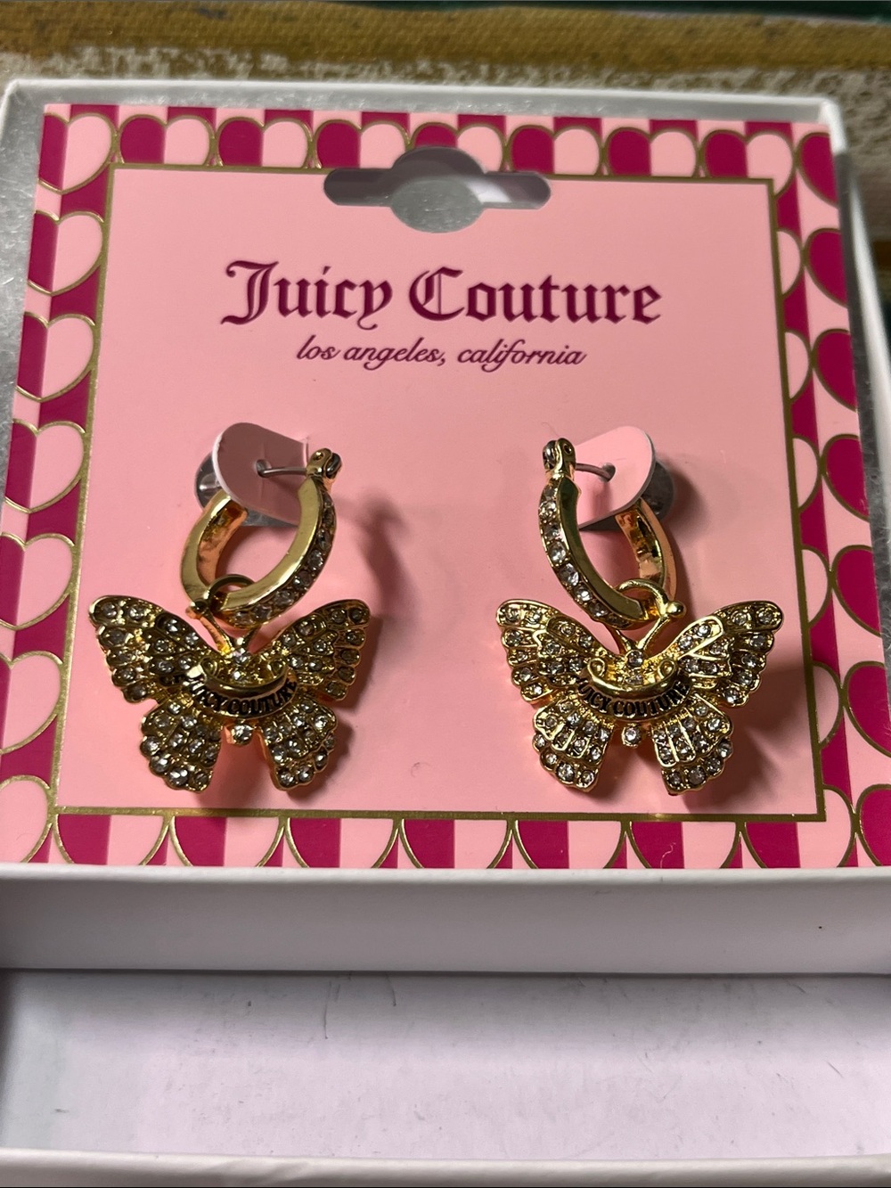 Juicy Couture Gold Butterfly Hoop Earrings with Clear Crystals